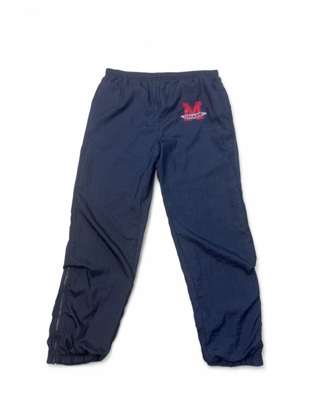 Vintage 80s champion umass minutemen embroidered swishy track pants navy L mens